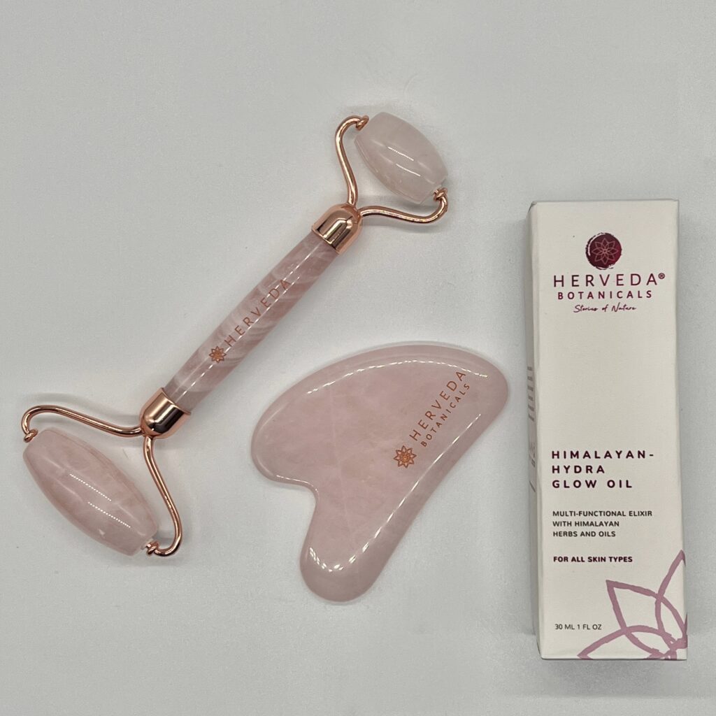 Rose Quartz Gua Sha + Roller + Himalayan-Hydra Glow Oil Set